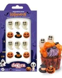 D&eacute;corations d'Halloween pour cupcakes: fant&ocirc;mes blancs, citrouilles orange et chapeaux.