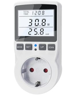 Prise électrique connectée affichant la consommation en watts et le coût, idéale pour la gestion énergétique dans un environnement professionnel ou domestique.