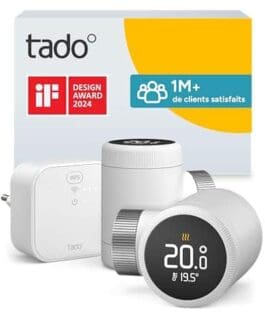 Thermostat Tado avec écran numérique affichant 20.8°C, compatible avec système de chauffage intelligent, reconnu pour son design moderne et sa technologie avancée.