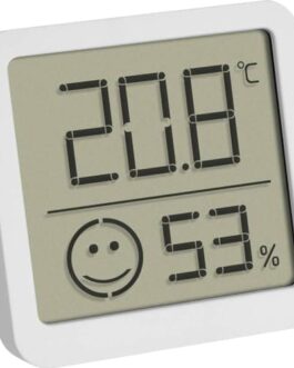 Thermomètre numérique affichant 20.8°C, humidité 53%, avec icône sourire pour confort.