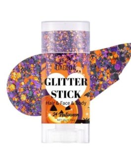 Gouttes et paillettes violettes et oranges sur sticks décoratifs pour visage et cheveux, emballage Diproclean Glitter Stick.