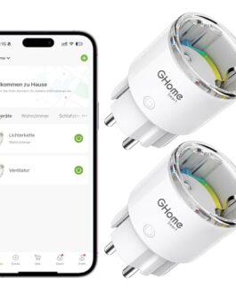 Prise connectée GHome contrôlée via smartphone avec application pour maison intelligente.
