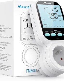 Prise connectée Maxcio PM808 avec écran numérique affichant la consommation électrique et la date, idéale pour la domotique et la gestion énergétique.