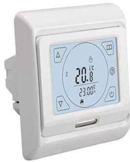 Thermostat intelligent avec écran numérique affichant la température de 20.8°C, contrôles tactiles pour réglage de la température et gestion de la maison connectée.