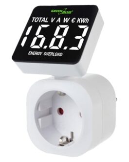 Prise électrique intelligente avec écran numérique affichant la consommation d'énergie en kWh, idéale pour la gestion énergétique domestique.