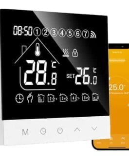 Thermostat intelligent avec écran numérique et application mobile pour contrôle à distance.