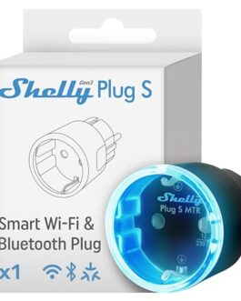 Prise Shelly Plug S avec connectivité Wi-Fi et Bluetooth, compatible avec maison connectée, contrôle à distance via application mobile.