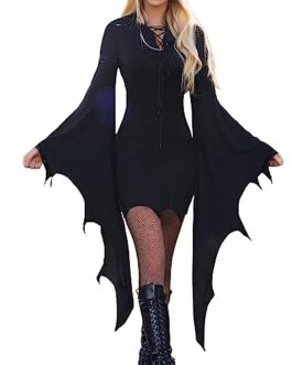 Robe noire gothique avec manches cape évasées et détails lacets, parfaite pour Halloween et soirées cosplay chez Diproclean.