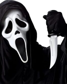 Représentation d'une figure en masque Scream brandissant un couteau avec cape noire, style épouvante et suspense, adaptée pour des contenus marketing et sécurité domestique.