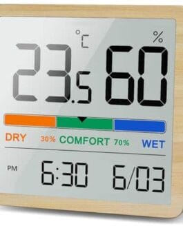 Thermomètre hygromètre numérique affichant 23.5°C et 60% d'humidité, avec indicateurs de confort et de déshydratation, idéal pour la maison ou le bureau.