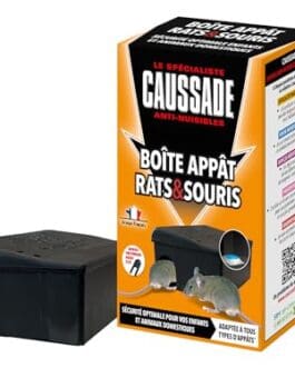 Boîte appât Diproclean pour rongeurs, illustration orange et noir avec souris et rats, dispositif anti-nuisibles, sécurité domestique.