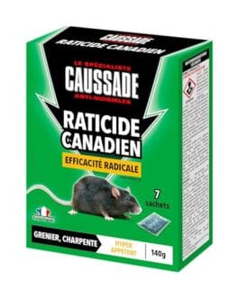 Raticide Canada 7 sachets - emballage vert et noir avec une image de rate et flèches lumineuses.