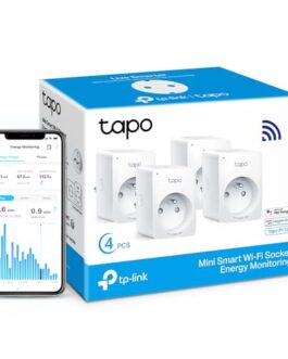 Ensemble de 4 prises Wi-Fi Tapo avec application de suivi de consommation d'énergie sur smartphone.