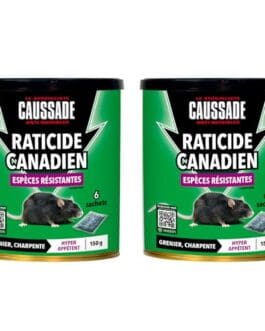 Raticide canadien Caussade en tins vert avec étiquette noir et blanc montrant un rat et des détails de produit, 2 boîtes identiques.