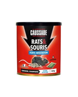 Produit antiparasitaire pour rats et souris, sachets assortis dans une boîte rouge avec inscription Caussade Rats & Souris Forte Infestation, 150 g.