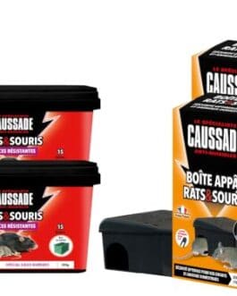 Boîtes et granules Caussade pour lutte contre les rats et souris et appât pour rongeurs résistants, sans danger pour l'environnement.