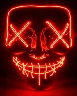 Masque néon rouge avec yeux croisés et sourire serré, effet glow sombre.