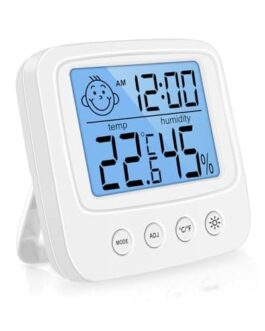 Thermomètre hygromètre numérique affichant la température, l'humidité, et l'heure, idéal pour la maison ou le bureau.