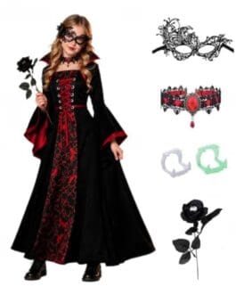 Veste et accessoires gothiques noirs et rouges, robe longue à lacets, masque, collier, bracelets et rose noire.