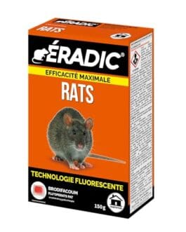 Produit Diproclean pour extermination des rats, boîte orange avec rat illustré, technologie fluorescente et mentions Efficacité maximale.