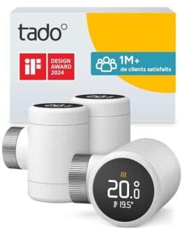 Thermostat intelligent Tado avec écran numérique affichant 20°C, conçu pour optimiser le chauffage domestique, reconnu pour son design moderne et sa technologie avancée.
