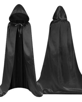 Cape cape noir avec capuche, idéale pour costumes et déguisements, finition satinée et doublure légère, style mystérieux et élégant, parfait pour Halloween ou événements fantasy.