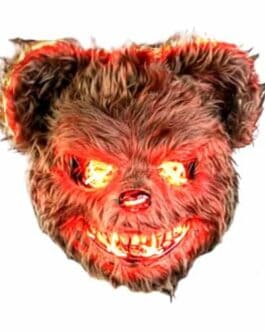 Image d’un masque tête d’ours en peluche avec expression menaçante, illumination rouge autour des yeux et du sourire, utilisé pour une démonstration produit sur le site Diproclean.fr.