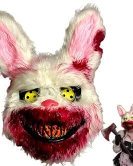 Masque de lapin fantaisie blanc et rouge sang avec yeux jaunes, créature inquiétante utilisée comme mascotte publicitaire.