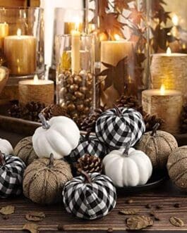 Variété de petites citrouilles blanches et à motifs noir et blanc sur une table en bois, avec des candles et décorations automnales, ambiance chaleureuse.