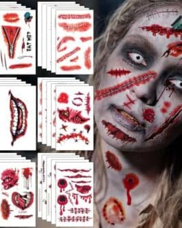 Collage de cartes et visage maquillé avec des blessures rouges, destiné à une boutique Diproclean montrant des motifs d'effets spéciaux et de masque d'horreur.