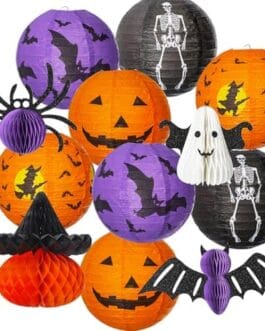 D&eacute;cor halloween sorci&egrave;res chauves-souris citrouilles lanternes d&eacute;guisement orange noir violet sur fond blanc.