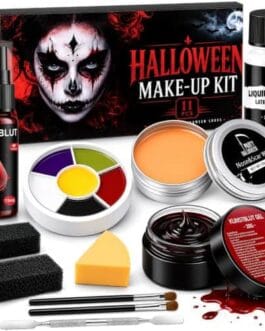 Kit maquillage Halloween Diproclean avec palette de couleurs, éponges, pinceaux et accessoires en boîte noir et rouge.