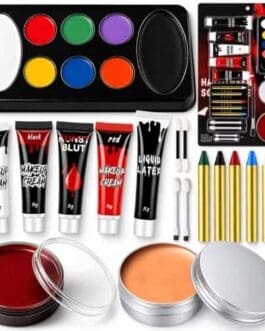Palette de maquillage professionnelle Diproclean avec pinceaux, nuances rouges, roses, verts et bleus, pots de rouge à lèvres, gloss et crèmes maquillantes.