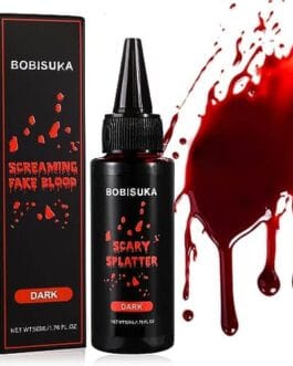 Boutique Diproclean produit Sceaming Fake Blood noir en flacon avec packaging et éclaboussures de faux sang rouge.