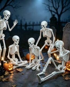 Squelettes décoratifs sur une tombe avec des citrouilles lumineuses et ambiance nocturne, parfait pour Halloween - Boutique Diproclean.