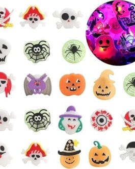 Collection d’icônes Halloween Diproclean avec têtes de mort, araignées, citrouilles et personnages fantaisies sur fond blanc et rond violet.