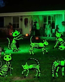 Allée d'un pré en soirée avec des silhouettes fluorescentes vertes de chats et de squelettes, devant une maison éclairée par des projecteurs verts; décorations Diproclean.
