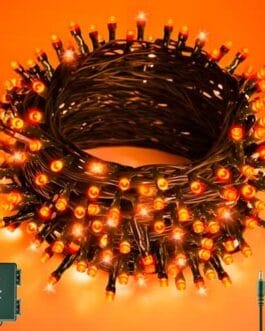 Boucle de guirlande LED orange sur fond orange, corde lumineuse prête à décorer pour fêtes et événements, avec adaptateur secteur et câble USB.