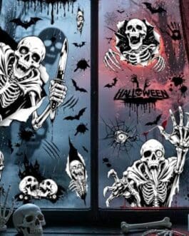 Affiche macabre de squelettes et araignées avec éléments d’Halloween, épée et mains squeletiques dans une atmosphère sombre et festive.