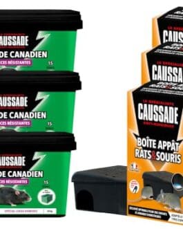 Gamme Diproclean raticides canadien et boîtes appât pour rats et souris, offrant résistance et efficacité, emballage multicolore noir, vert et orange.