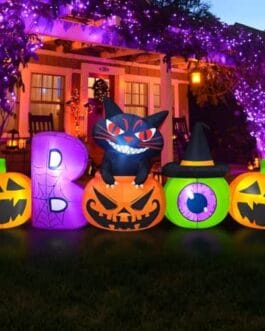 Décoration Halloween Diproclean extérieure avec citrouilles lumineuses et chat noir sur fond de maison festive.