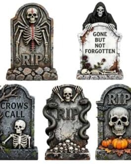 Collection de pierres tombales et squelettes décoratifs pour Halloween - tombe souterraine, textes RIP, grim reaper et citrouilles.