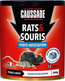Produit Diproclean Rats & Souris forte infestation, boite rouge avec image de rongeurs et pictogramme humidité et zones locales.