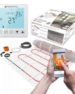Système de chauffage par sol Thermofol avec thermostat intelligent contrôlé via smartphone pour confort optimal.
