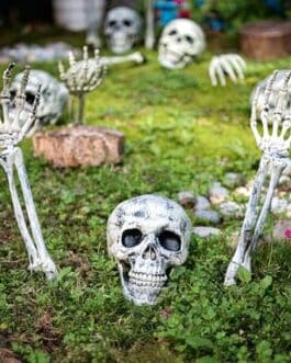 Décor d'halloween avec des squelettes en plastique émergeant du gazon et une tête de squelette au premier plan, ambiance sombre et effrayante.