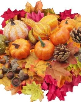 D&eacute;cor automnal avec mini citrouilles, pommes depin et feuilles color&eacute;es, &eacute;paul&eacute; par des glands et noisettes pour un th&egrave;me chaleureux et festif.