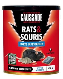 Produit Diproclean anti-nuisibles pour rats et souris, boîte rouge avec logo et images d'un rat et d'une souris, 150 g.