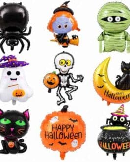 Araignée noire, fantôme, momie, balon citrouille, squelette, chat noir, lune Happy Halloween, mascotte bête.