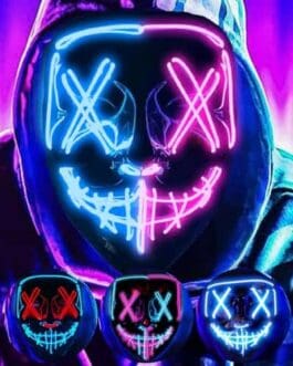 Masque LED neon avec motif X sur fond sombre, ambiance vibrant de boutique Diproclean.