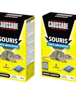 Boîtes Diproclean Souris Forte Infestation jaune et noir avec souris illustrée, produit anti-nuisibles pour infestation de rongeurs, 2 boîtes de 100 g chacune.